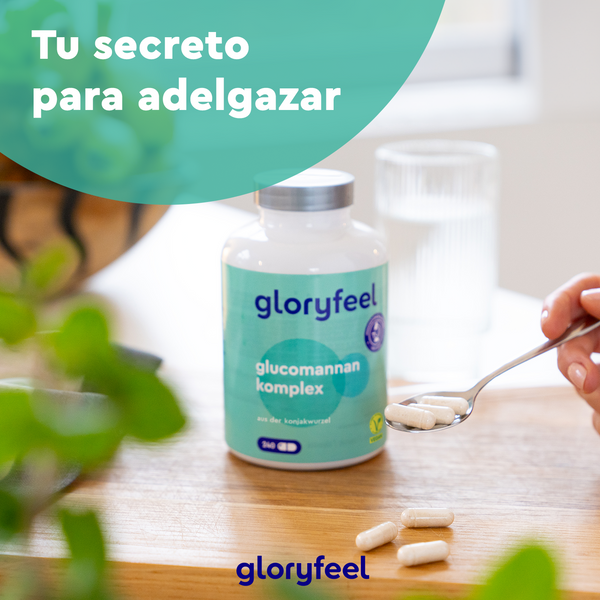 Una botella de Glucomanano - Raíz de Konjac de Gloryfeel GmbH y cápsulas en una cuchara, con &quot;Tu secreto para adelgazar&quot; arriba, mostrando el poder del extracto de raíz de Konjac.