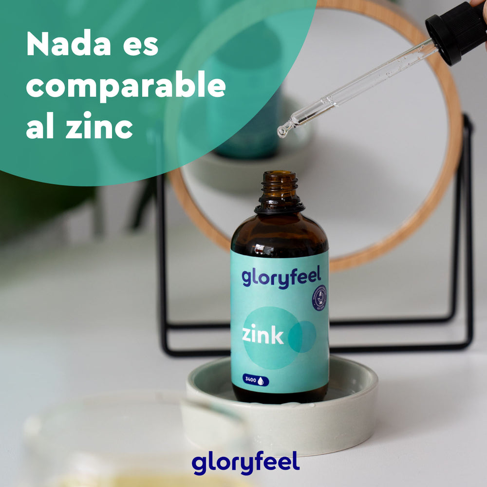 Un frasco con gotero etiquetado como &quot;Zinc en gotas&quot; de GloryFeel GmbH España resalta la importancia del zinc. El texto &quot;Nada es comparable al zinc&quot; aparece junto a un gotero, con un elemento decorativo circular al fondo, que presenta este suplemento esencial de zinc.
