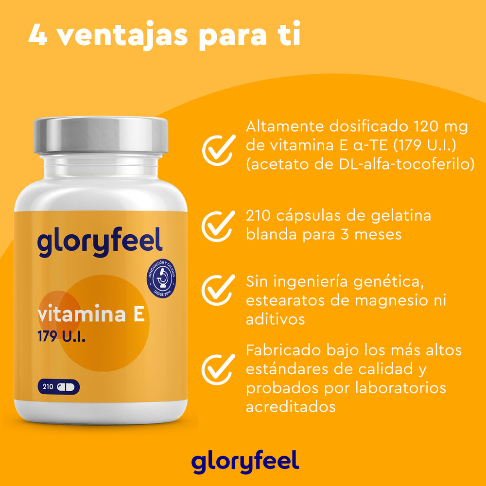 Explora los beneficios de la Vitamina E 179 UI de GloryFeel GmbH España, rica en antioxidantes. Este frasco incluye 210 cápsulas para un suministro de tres meses, lo que garantiza una alta dosis de tocoferoles. Confía en sus altos estándares de calidad, libres de ingeniería genética.