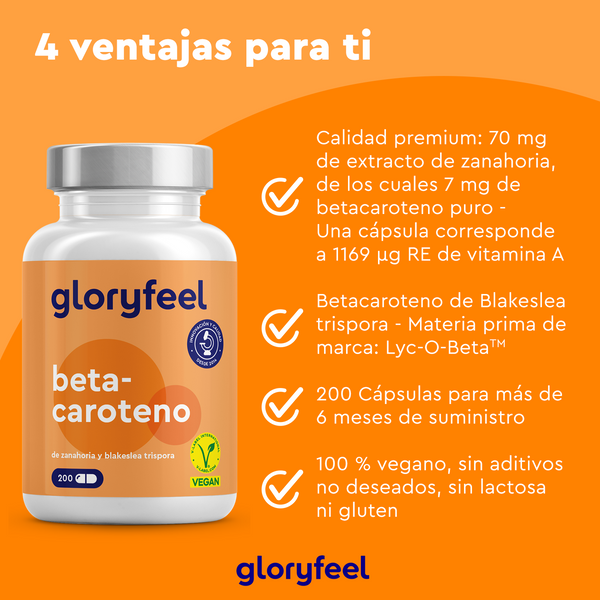 El frasco naranja de Gloryfeel, con la etiqueta &quot;Beta-Caroteno - 200 cápsulas&quot;, destaca su calidad vegana premium. Contiene betacaroteno, enriquecido con vitamina A, y está marcado como libre de OMG y gluten para un estilo de vida más saludable.