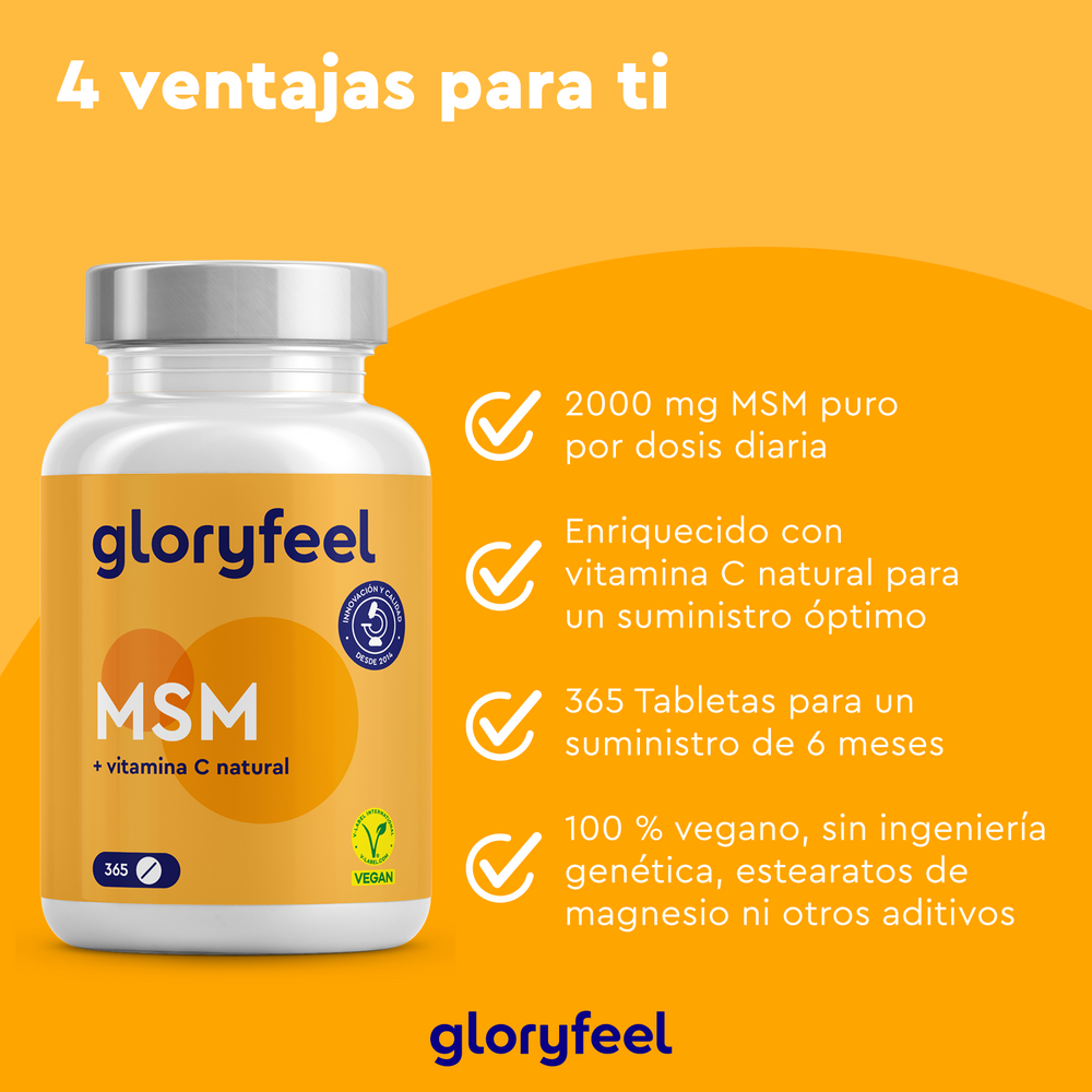 El MSM en tabletas de GloryFeel ofrece un suministro de 6 meses de 2000 mg de MSM con vitamina C natural. Este suplemento vegano favorece la mejora del colágeno, contiene azufre orgánico y está libre de ingeniería genética, estearatos o aditivos.