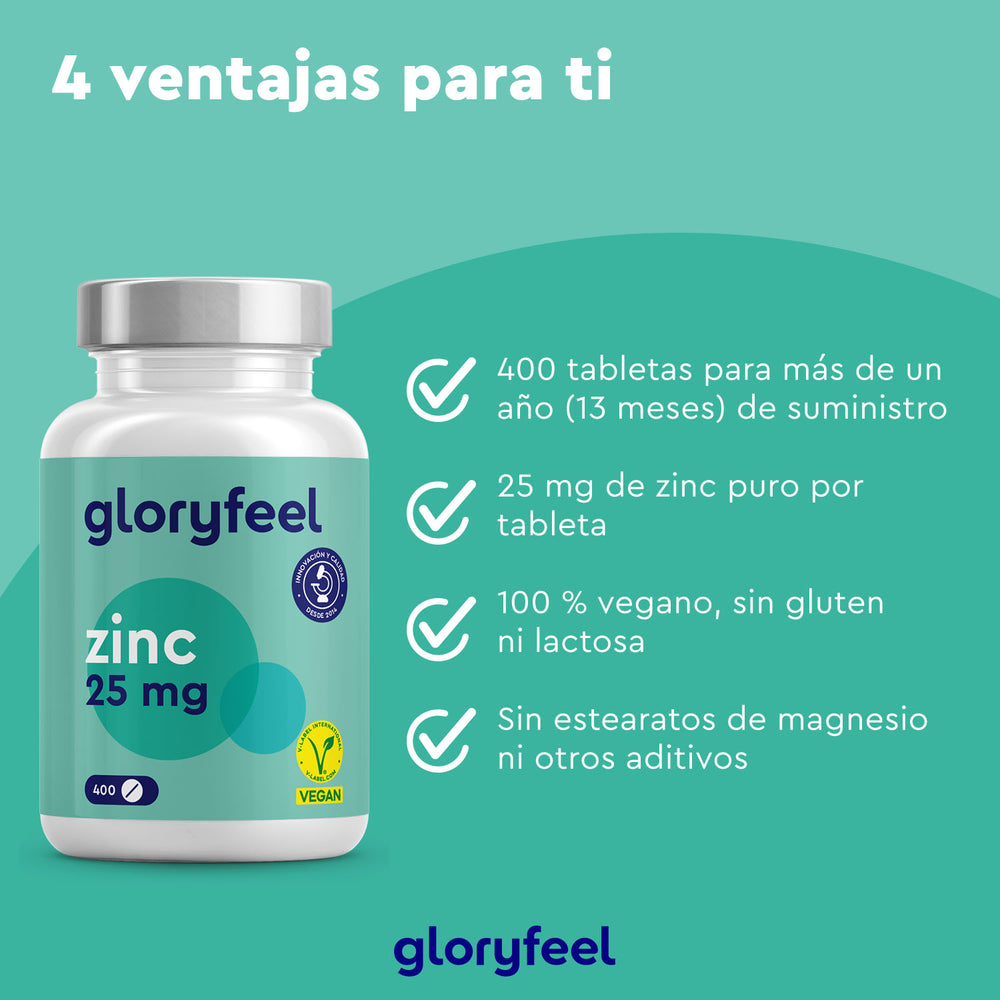 El frasco de GloryFeel GmbH España Zinc 25 mg en tabletas sobre fondo verde destaca los beneficios: 400 comprimidos, 100% vegano, sin gluten ni lactosa, potenciador eficaz del metabolismo proteico, sin estearato de magnesio.