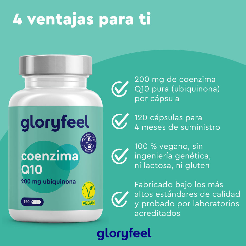 La Coenzima Q10 de GloryFeel se presenta elegantemente sobre un fondo verde azulado, con 200 mg de ubiquinona y 120 cápsulas veganas. Es un suplemento dietético 100 % vegano, libre de alérgenos y rigurosamente probado en laboratorio para garantizar su seguridad.