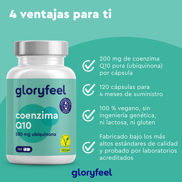 La Coenzima Q10 de GloryFeel se presenta elegantemente sobre un fondo verde azulado, con 200 mg de ubiquinona y 120 cápsulas veganas. Es un suplemento dietético 100 % vegano, libre de alérgenos y rigurosamente probado en laboratorio para garantizar su seguridad.