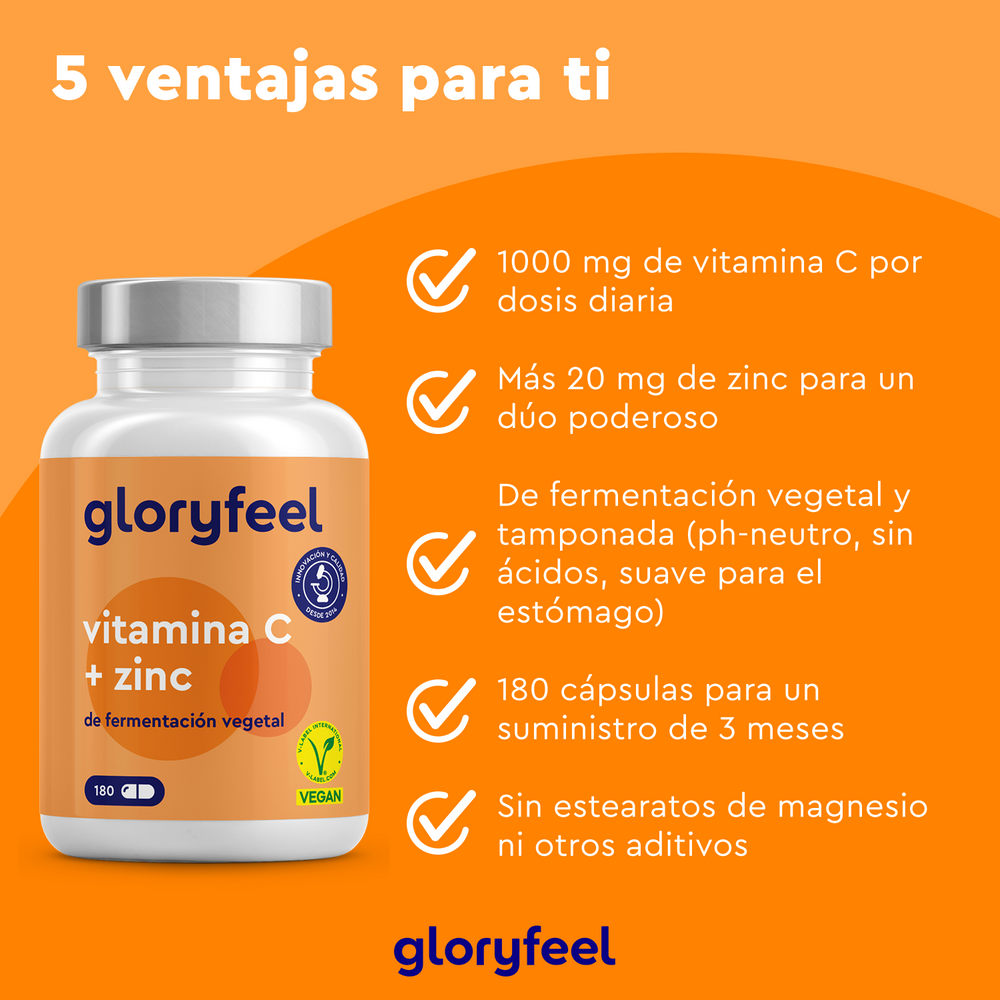Vitamina C y Zinc de Gloryfeel GmbH ofrece 1000 mg de vitamina C tamponada a prueba de manipulaciones, 20 mg de citrato de zinc y cápsulas veganas de origen vegetal. Apto para el estómago, sin estearato de magnesio ni aditivos, e incluye 180 cápsulas para un suministro de tres meses.