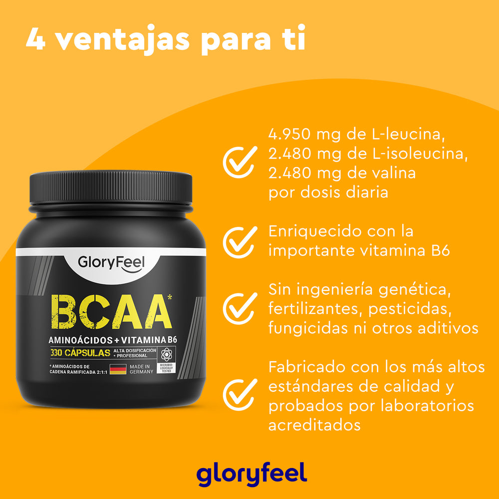 Las cápsulas BCAA de GloryFeel GmbH España destacan beneficios como los aminoácidos esenciales y la vitamina B6. Con certificación de laboratorio, ofrecen leucina y nutrientes clave para un rendimiento óptimo.