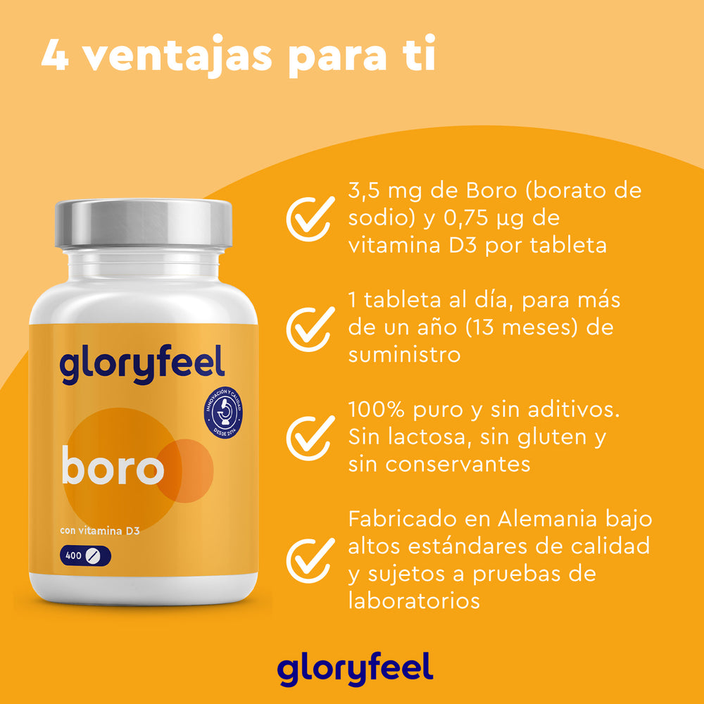 Una botella de Boro con Vitamina D3 de Gloryfeel GmbH ofrece beneficios como una guía de dosis diaria y una fórmula sin aditivos, todo elaborado según altos estándares en Alemania.