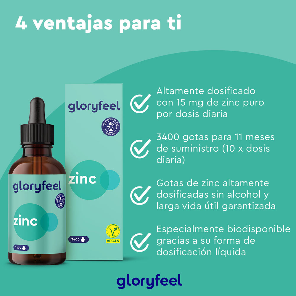 Zinc en gotas de GloryFeel GmbH España ofrece un suplemento de zinc de alta dosis y larga duración en forma de gotas. Esta fórmula vegana y sin alcohol favorece el metabolismo proteico y cuenta con certificación de pureza, lo que mejora el bienestar general.