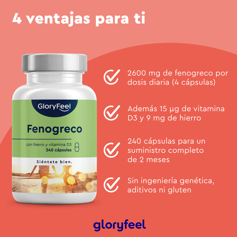 Frasco de Fenogreco 2.600 mg de gloryfeel GmbH con cuatro ventajas: alto contenido, durabilidad, fitoestrógenos naturales y libre de aditivos o gluten.