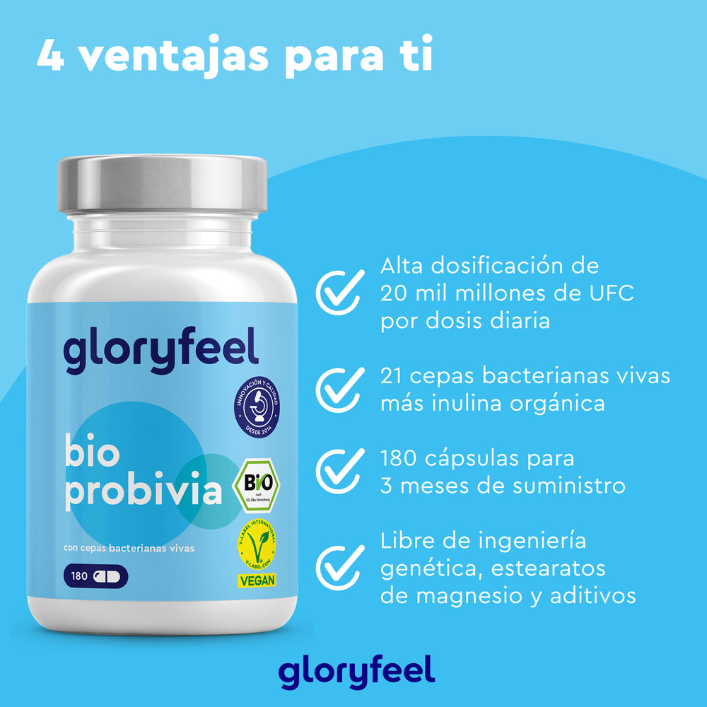 Explora las cápsulas azules &quot;Bio Probivia 180&quot; de GloryFeel GmbH España, que ofrecen una alta dosis y 21 cepas beneficiosas. Este suministro para 3 meses no contiene aditivos y refuerza tu flora intestinal con probióticos premium para un bienestar y una vitalidad óptimos.