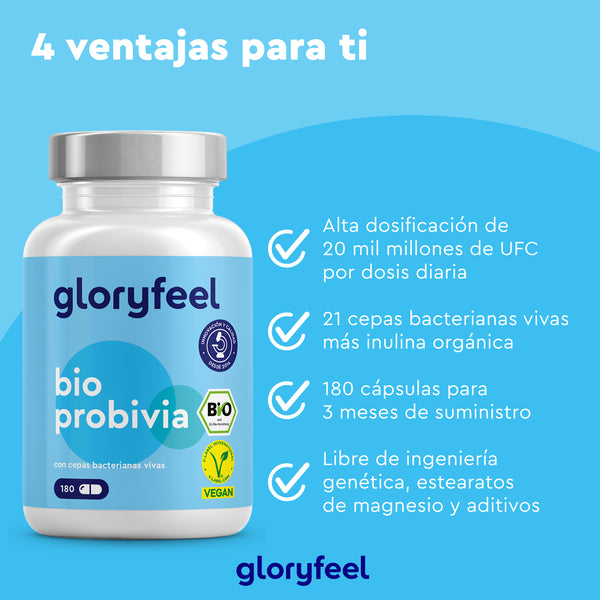 Explora las cápsulas azules &quot;Bio Probivia 180&quot; de GloryFeel GmbH España, que ofrecen una alta dosis y 21 cepas beneficiosas. Este suministro para 3 meses no contiene aditivos y refuerza tu flora intestinal con probióticos premium para un bienestar y una vitalidad óptimos.