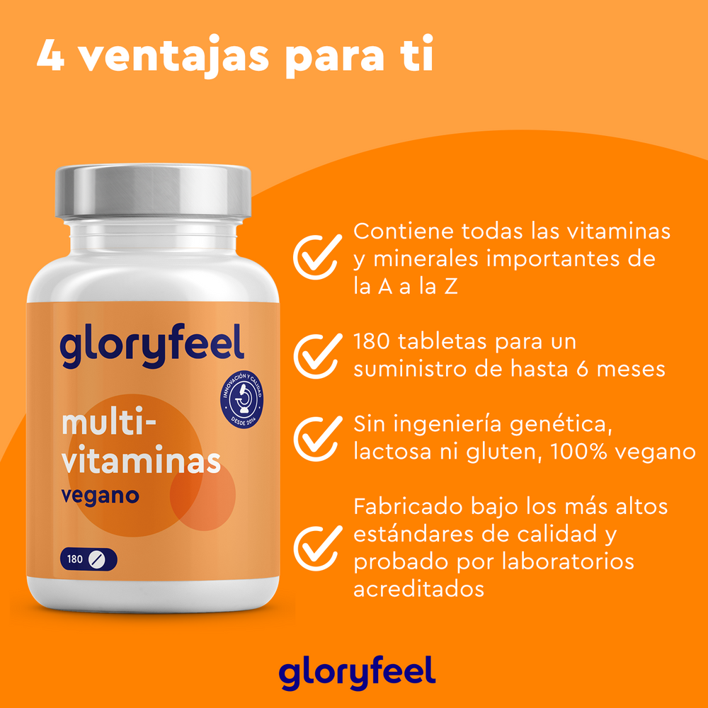 Una imagen naranja y blanca muestra un frasco de vitaminas con la etiqueta &quot;GloryFeel GmbH España&quot; y la leyenda &quot;Multivitaminas veganas en tabletas&quot;. El frasco contiene 180 tabletas para 6 meses, repletas de vitaminas esenciales, sin OMG, sin gluten, veganas y con altos estándares de calidad.