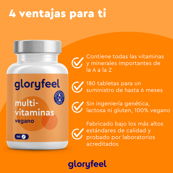 Una imagen naranja y blanca muestra un frasco de vitaminas con la etiqueta &quot;GloryFeel GmbH España&quot; y la leyenda &quot;Multivitaminas veganas en tabletas&quot;. El frasco contiene 180 tabletas para 6 meses, repletas de vitaminas esenciales, sin OMG, sin gluten, veganas y con altos estándares de calidad.