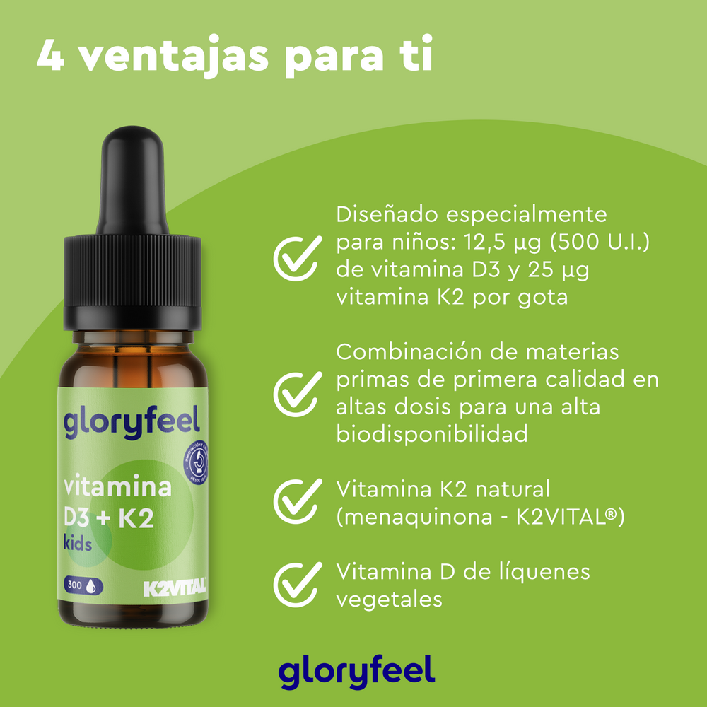 Imagen promocional de Vitamina D3 + K2 para Niños en Gotas de Gloryfeel GmbH que muestra cuatro ventajas del producto con texto y una botella de producto sobre un fondo verde vibrante.