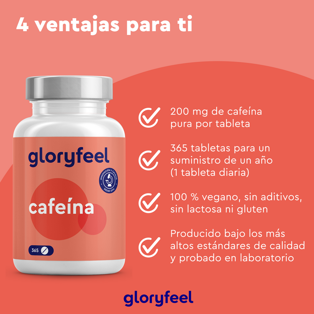 Imagen de un frasco de suplemento dietético de gloryfeel GmbH con la etiqueta &quot;Cafeína - 365 Tabletas&quot;, que contiene 200 mg de cafeína por comprimido. Este producto vegano de alta calidad proporciona energía diaria para un año.