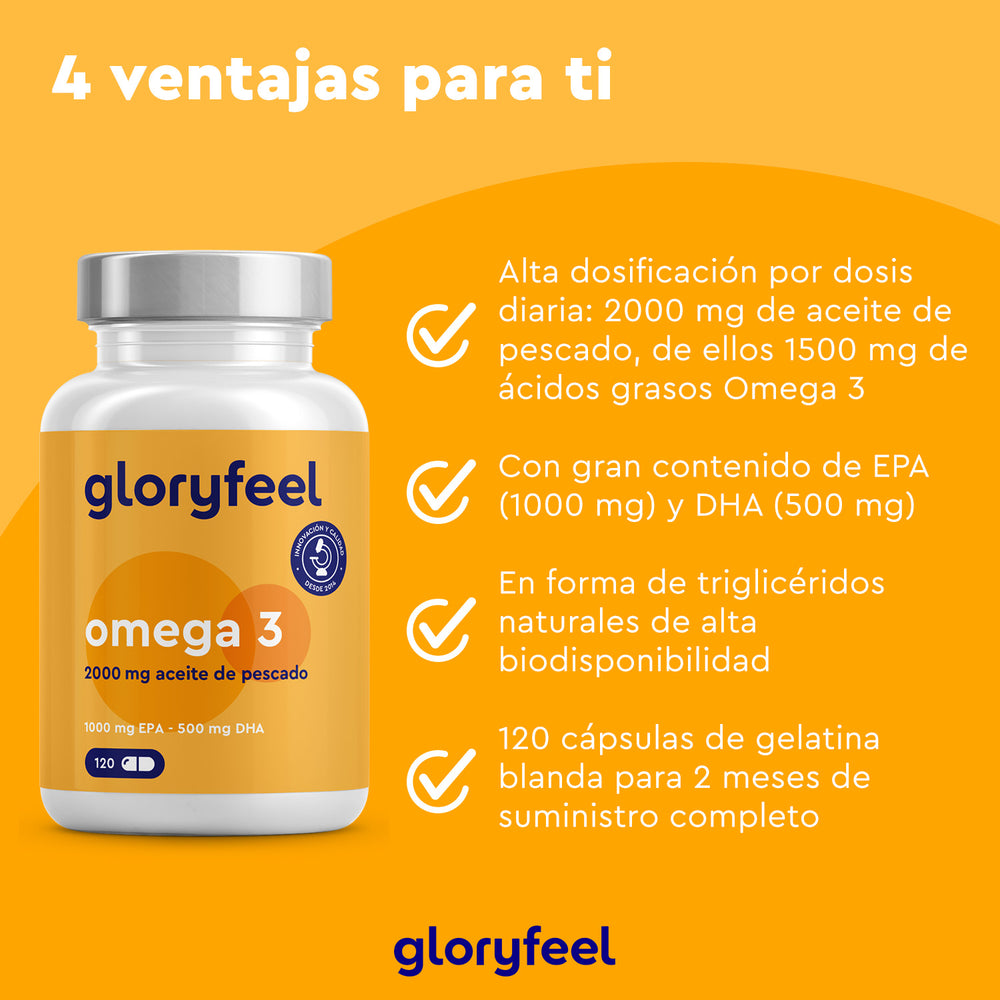 Se muestra una botella de Gloryfeel Omega 3 Cápsulas - 2000 mg de Aceite de pescado sobre un fondo naranja, resaltando beneficios como el alto contenido de EPA/DHA, detalles de dosis y un suministro de dos meses de 120 cápsulas blandas para apoyar los triglicéridos saludables.