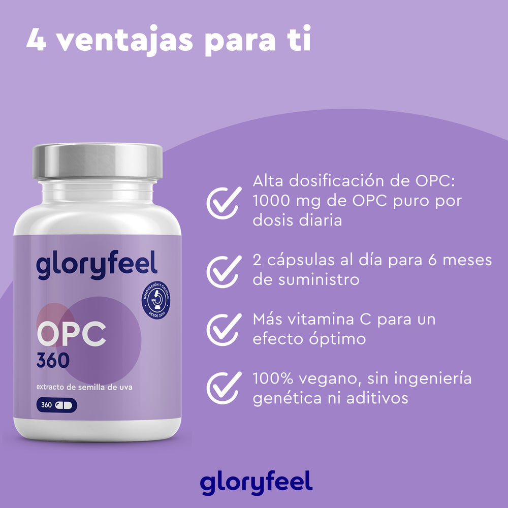El frasco morado de &quot;OPC Extracto de semilla de uva 360 cápsulas&quot; de Gloryfeel GmbH se encuentra a la izquierda. A la derecha, el texto enumera cuatro beneficios: alta dosis de proantocianidinas oligoméricas, solo dos cápsulas al día, incluye vitamina C y es 100 % vegano sin aditivos.