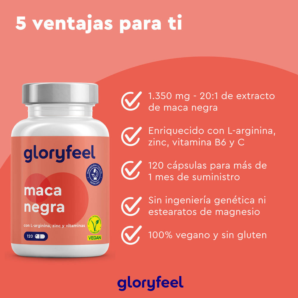 El suplemento GloryFeel GmbH España Maca Negra + L-Arginina, enriquecido con zinc, ofrece nutrientes enriquecidos, no contiene OMG, es vegano y no contiene gluten. Incluye texto en español y proporciona un impulso natural para tu bienestar.