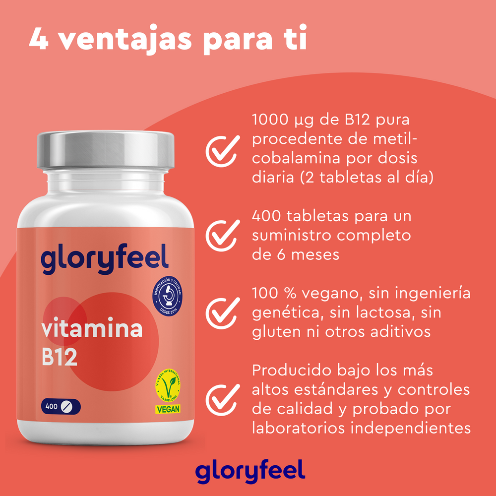 Explora la Vitamina B12 Metilcobalamina de GloryFeel GmbH España, que ofrece 1000 µg de B12 por frasco. Este suplemento 100 % vegano y sin alérgenos proporciona un suministro para seis meses y su calidad está probada independientemente, siendo apto tanto para vegetarianos como para veganos.