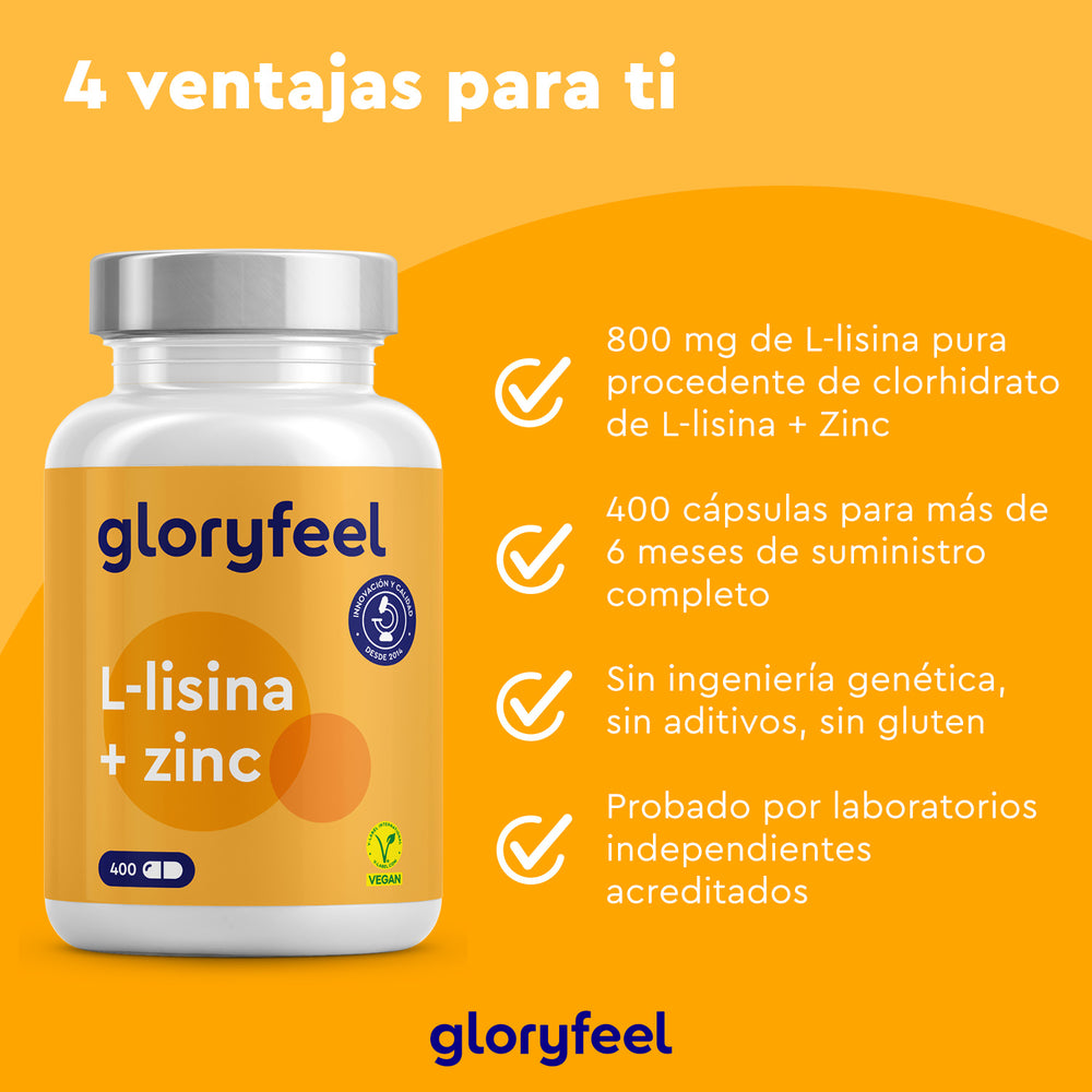 Botella de cápsulas de L-Lisina con zinc de Gloryfeel GmbH sobre un fondo amarillo, destacando los beneficios: dosis de 800 mg, suministro de 400 cápsulas, apoya el sistema inmunológico, sin gluten, sin OGM y probado por terceros.