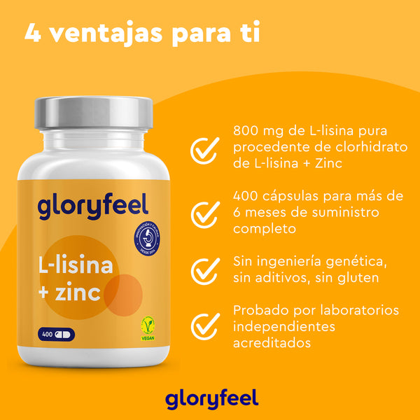 Botella de cápsulas de L-Lisina con zinc de Gloryfeel GmbH sobre un fondo amarillo, destacando los beneficios: dosis de 800 mg, suministro de 400 cápsulas, apoya el sistema inmunológico, sin gluten, sin OGM y probado por terceros.