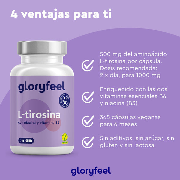 Frasco de L-tirosina de Gloryfeel GmbH en cápsulas veganas con niacina, B12 y B6, una lista con cuatro ventajas del producto y el logotipo de la marca.
