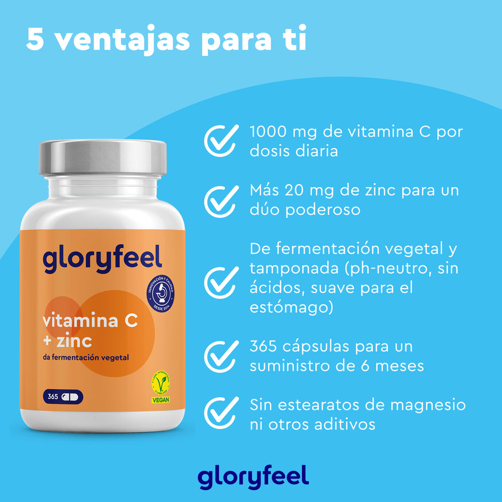 El suplemento &quot;Vitamina C + Zinc&quot; de GloryFeel GmbH España aporta 1000 mg de vitamina C y 20 mg de zinc por frasco. Esta fórmula vegetal favorece el sistema inmunitario, es suave para el estómago, ofrece un suministro para 6 meses y no contiene estearatos de magnesio ni aditivos.