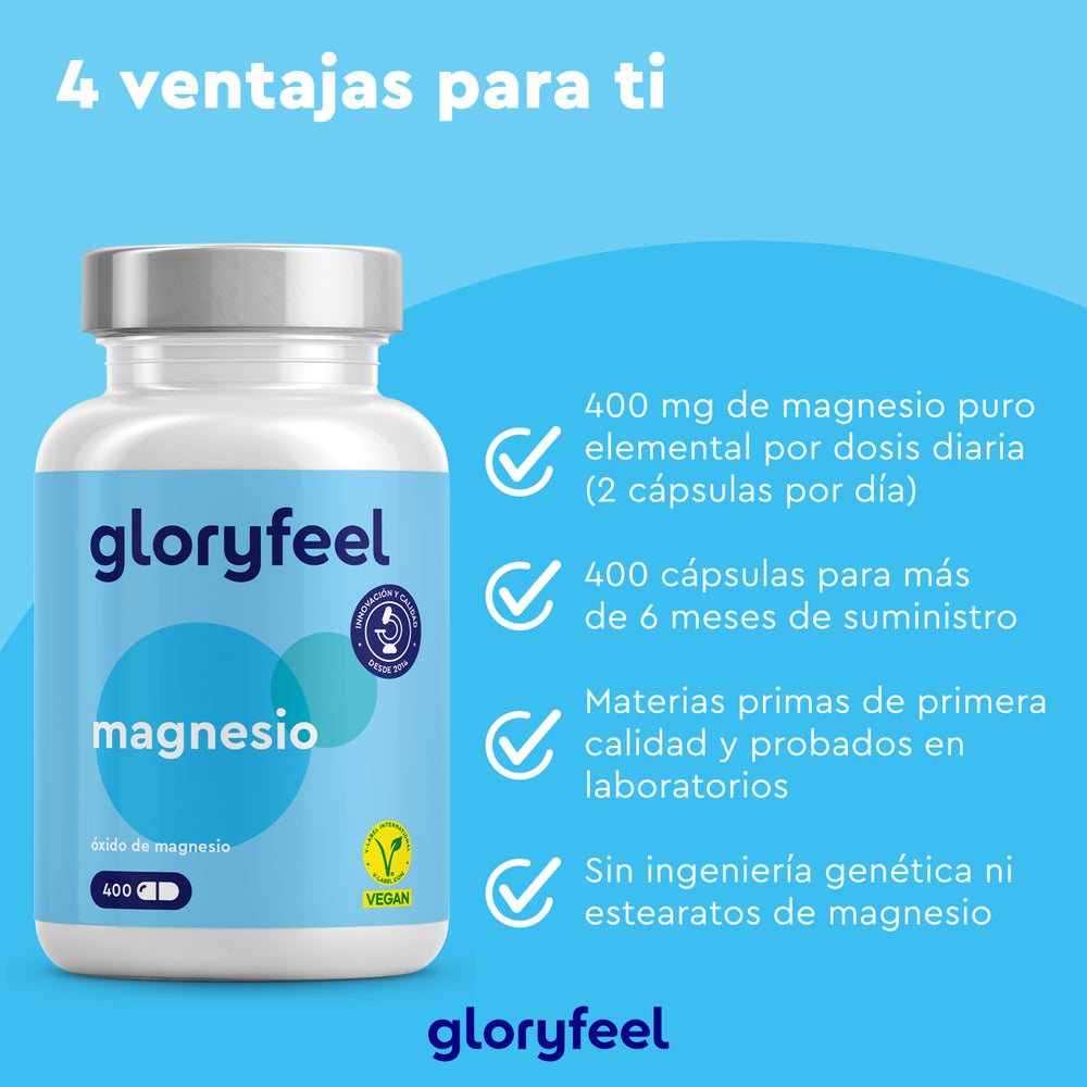 El &quot;Magnesio en cápsulas&quot; de Gloryfeel GmbH ofrece 400 mg de óxido de magnesio de alta calidad por cápsula. Con 400 cápsulas y una política de no ingeniería genética, promueve la salud ósea y el bienestar general.