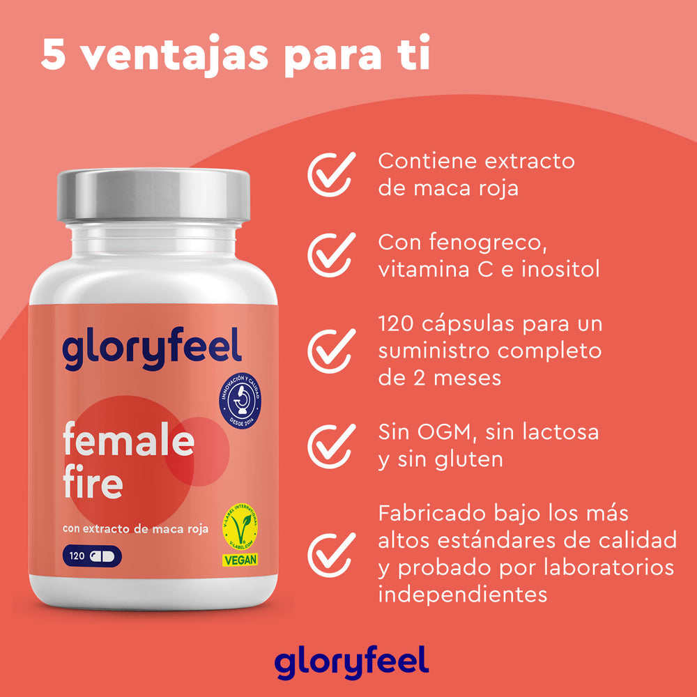 Botella de suplementos &quot;Female Fire: con Maca Roja&quot; de GloryFeel GmbH España, con extracto de maca roja, fenogreco, vitamina C e inositol. Es libre de OMG, lactosa, gluten y vegano.