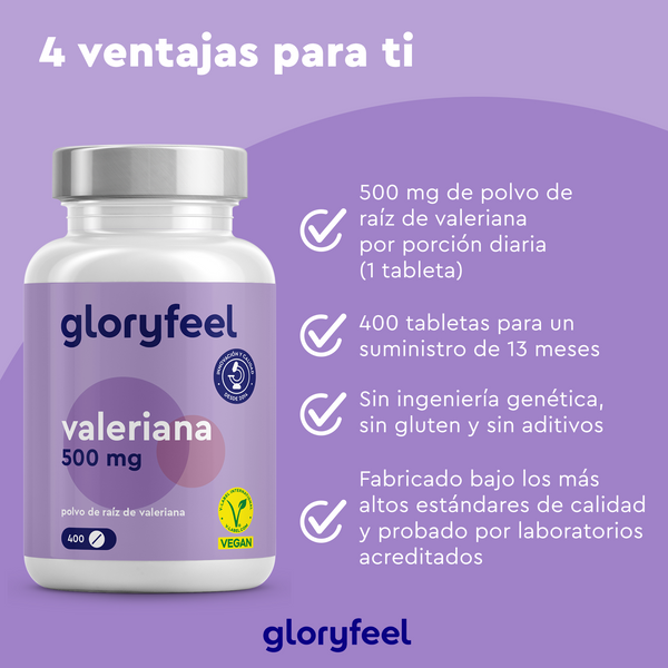 Valeriana en tabletas de Gloryfeel GmbH ofrece 400 tabletas veganas de 500 mg cada una, con una duración de 13 meses. Sin modificaciones, fortalece el sistema nervioso central y está probado por laboratorios acreditados. Este sedante natural de origen vegetal mejora el bienestar con altos estándares de calidad.
