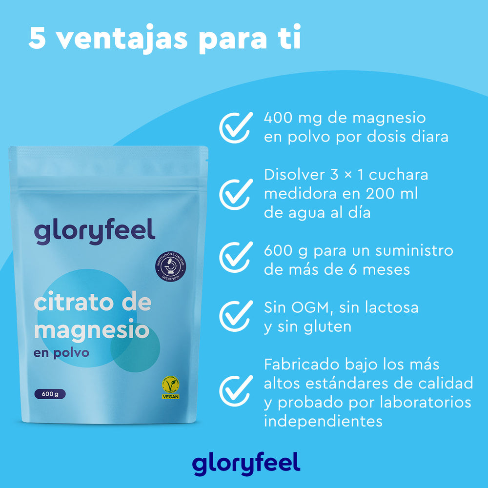 El folleto azul de &quot;Magnesio en polvo&quot; de gloryfeel GmbH España destaca los beneficios: 400 mg de magnesio por dosis, suministro de 600 g, no GMO, sin lactosa/gluten y altos estándares de fabricación.