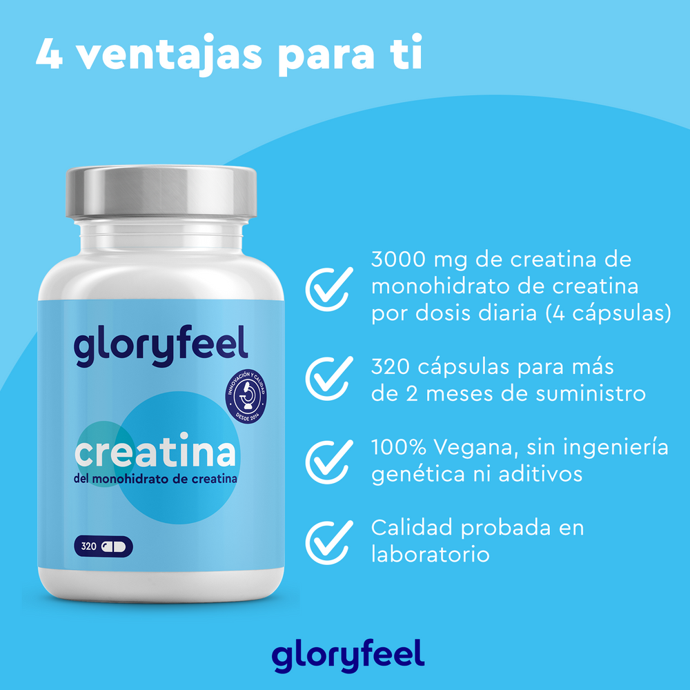 La creatina de gloryfeel GmbH presenta cuatro características clave: dosis de 3000 mg, 320 cápsulas, vegana, sin aditivos y con calidad comprobada en laboratorio. Este suplemento deportivo ofrece creatina pura para mejorar eficazmente el rendimiento físico.