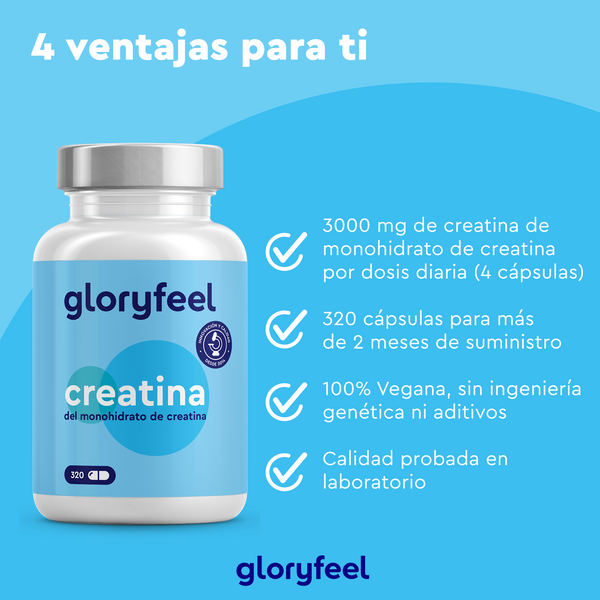 La creatina de gloryfeel GmbH presenta cuatro características clave: dosis de 3000 mg, 320 cápsulas, vegana, sin aditivos y con calidad comprobada en laboratorio. Este suplemento deportivo ofrece creatina pura para mejorar eficazmente el rendimiento físico.