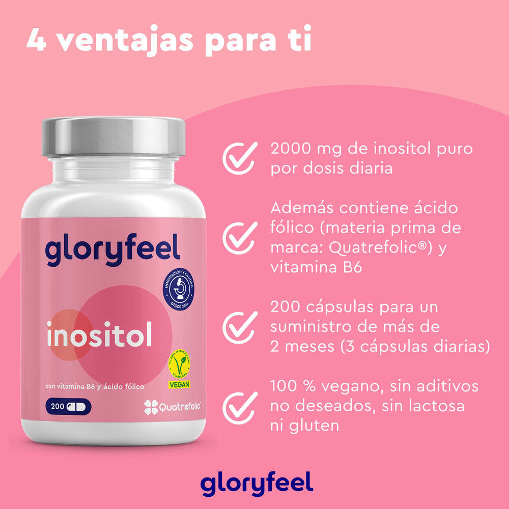 El inositol de Gloryfeel GmbH ofrece 2000 mg por dosis, junto con ácido fólico y vitamina B6. Este suplemento vegano y sin aditivos favorece el bienestar con un suministro para más de dos meses.