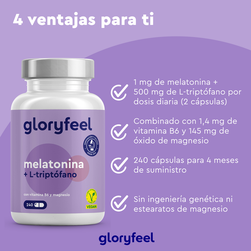 Imagen de una etiqueta de producto violeta de &quot;Melatonina + Triptofano&quot; de GloryFeel, que destaca beneficios como la dosis diaria, la potente combinación de triptófano y melatonina, la cantidad de cápsulas y el estado libre de OGM.