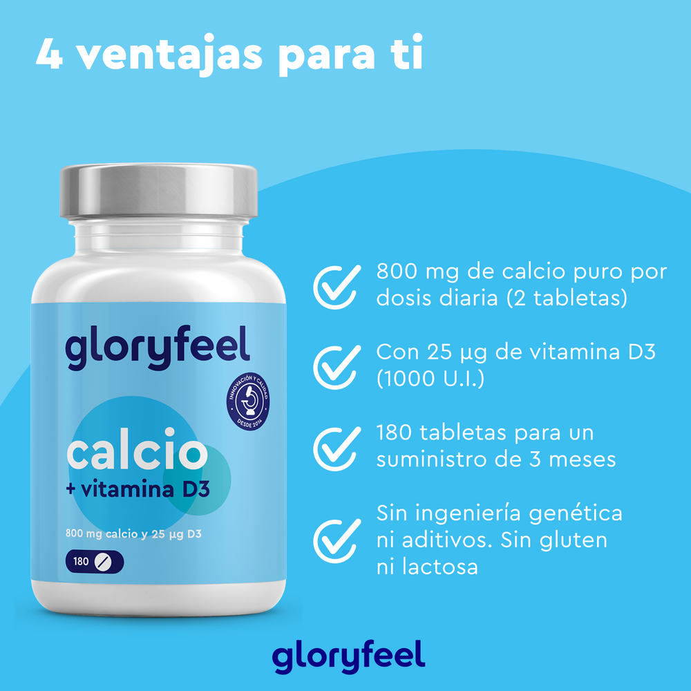 Se presenta un frasco de Calcio + Vitamina D3 de Gloryfeel GmbH junto con sus beneficios: 800 mg de calcio y 25 μg de vitamina D3 por ración, que ofrece 180 comprimidos para 3 meses de suministro. El producto no contiene OMG, aditivos, gluten ni lactosa.