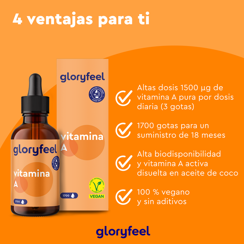 Sobre un fondo naranja se presenta un frasco y una caja de Vitamina A en gotas de GloryFeel GmbH España con palmitato de retinilo, con alta dosis, suministro para 18 meses, alta biodisponibilidad y una formulación vegana sin aditivos.
