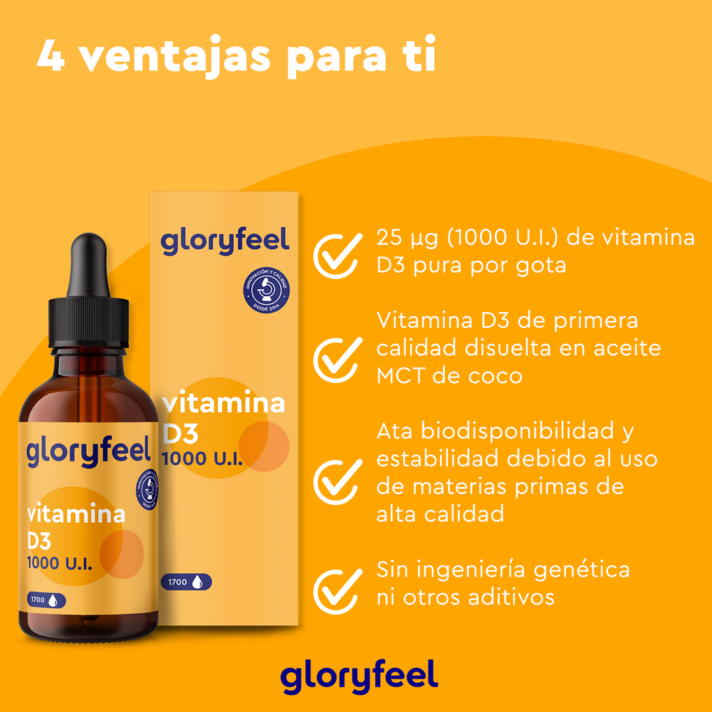 Un anuncio naranja presenta un frasco y una caja de Vitamina D3 en gotas de Gloryfeel GmbH (1000 UI), destacando beneficios como la dosis precisa, la pureza, la estabilidad y los ingredientes sin OMG. Fortalece tu sistema inmunológico y tu salud ósea con este potente suplemento.