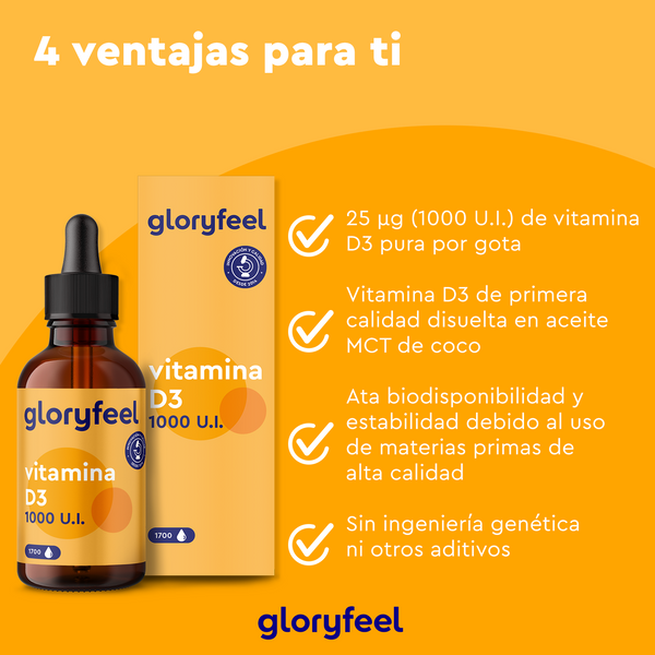 Un anuncio naranja presenta un frasco y una caja de Vitamina D3 en gotas de Gloryfeel GmbH (1000 UI), destacando beneficios como la dosis precisa, la pureza, la estabilidad y los ingredientes sin OMG. Fortalece tu sistema inmunológico y tu salud ósea con este potente suplemento.