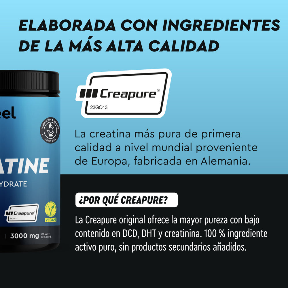 La imagen muestra un envase de “Creatina en polvo” de gloryfeel GmbH España, destacando sus ingredientes de alta calidad y origen europeo, concretamente fabricado en Alemania.