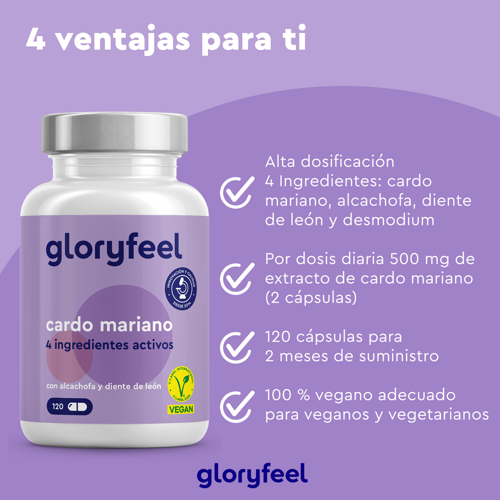 Un frasco de Cardo mariano en cápsulas de GloryFeel GmbH España aparece sobre un fondo morado, presentando una alta dosis de silimarina, cuatro ingredientes activos para apoyar las funciones hepáticas, 120 cápsulas aptas para veganos.