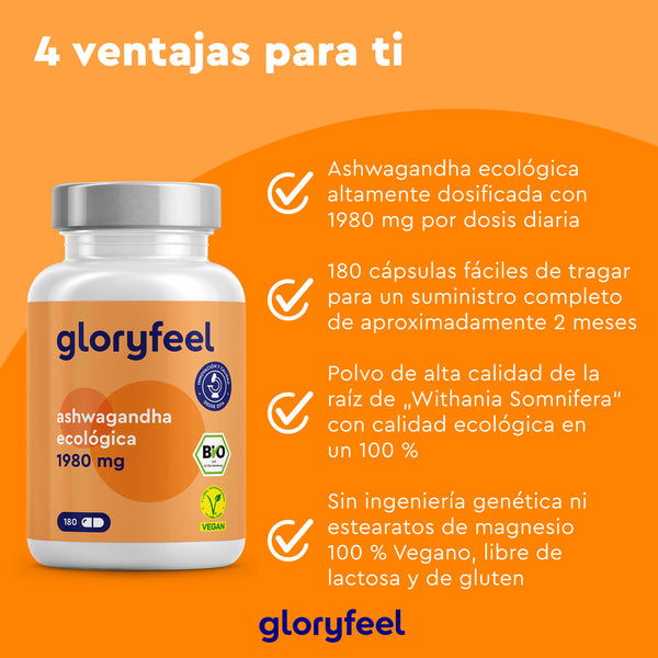 Descubra los beneficios de la Ashwagandha ecológica en cápsulas de GloryFeel, con raíces ayurvédicas. Con 180 cápsulas veganas de alta potencia elaboradas con ingredientes naturales y sin alérgenos, ¡experimente serenidad y vitalidad con este remedio ancestral hoy mismo!.