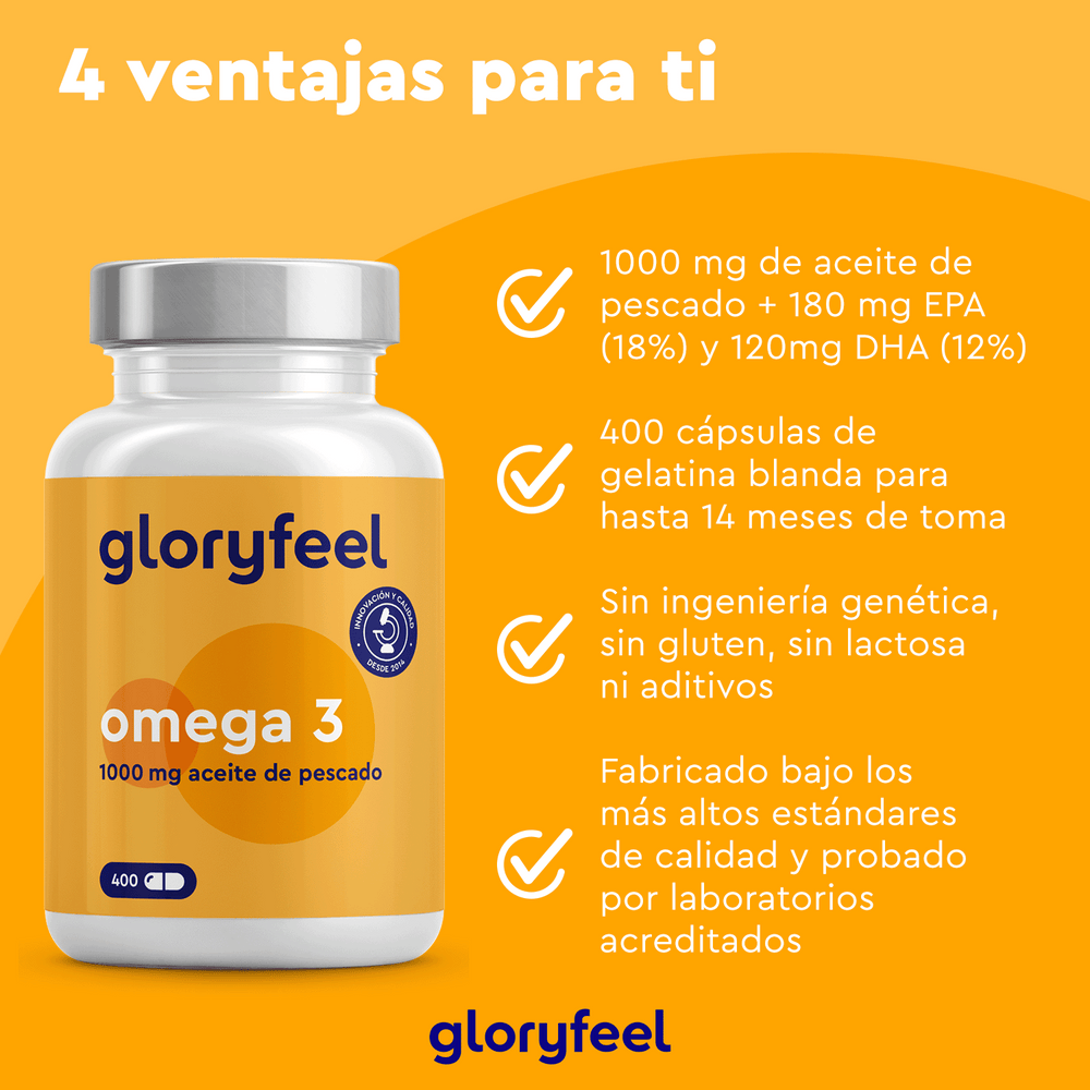 Imagen de un frasco de suplemento &quot;GloryFeel GmbH Spain Omega 3 en cápsulas&quot; con 1000 mg de aceite de pescado, cápsulas de gelatina blanda, sin OMG, sin gluten y con estándares de calidad comprobados en laboratorio. Ideal para quienes buscan suplementos alimenticios ricos en ácidos grasos.
