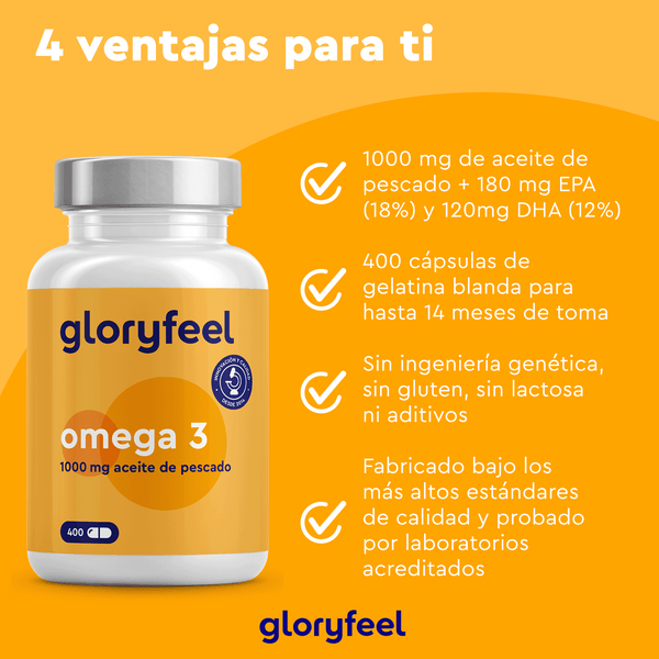 Imagen de un frasco de suplemento &quot;GloryFeel GmbH Spain Omega 3 en cápsulas&quot; con 1000 mg de aceite de pescado, cápsulas de gelatina blanda, sin OMG, sin gluten y con estándares de calidad comprobados en laboratorio. Ideal para quienes buscan suplementos alimenticios ricos en ácidos grasos.