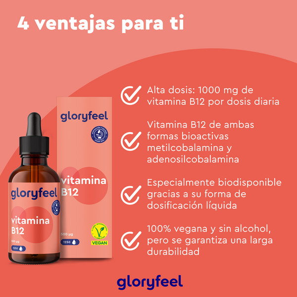 La vitamina B12 en gotas de GloryFeel GmbH ofrece una dosis de 1000 mg con dos presentaciones de vitamina B12. Su presentación líquida facilita su absorción, y su fórmula vegana, vegetariana y sin alcohol es ideal para quienes buscan gotas de vitamina B12.