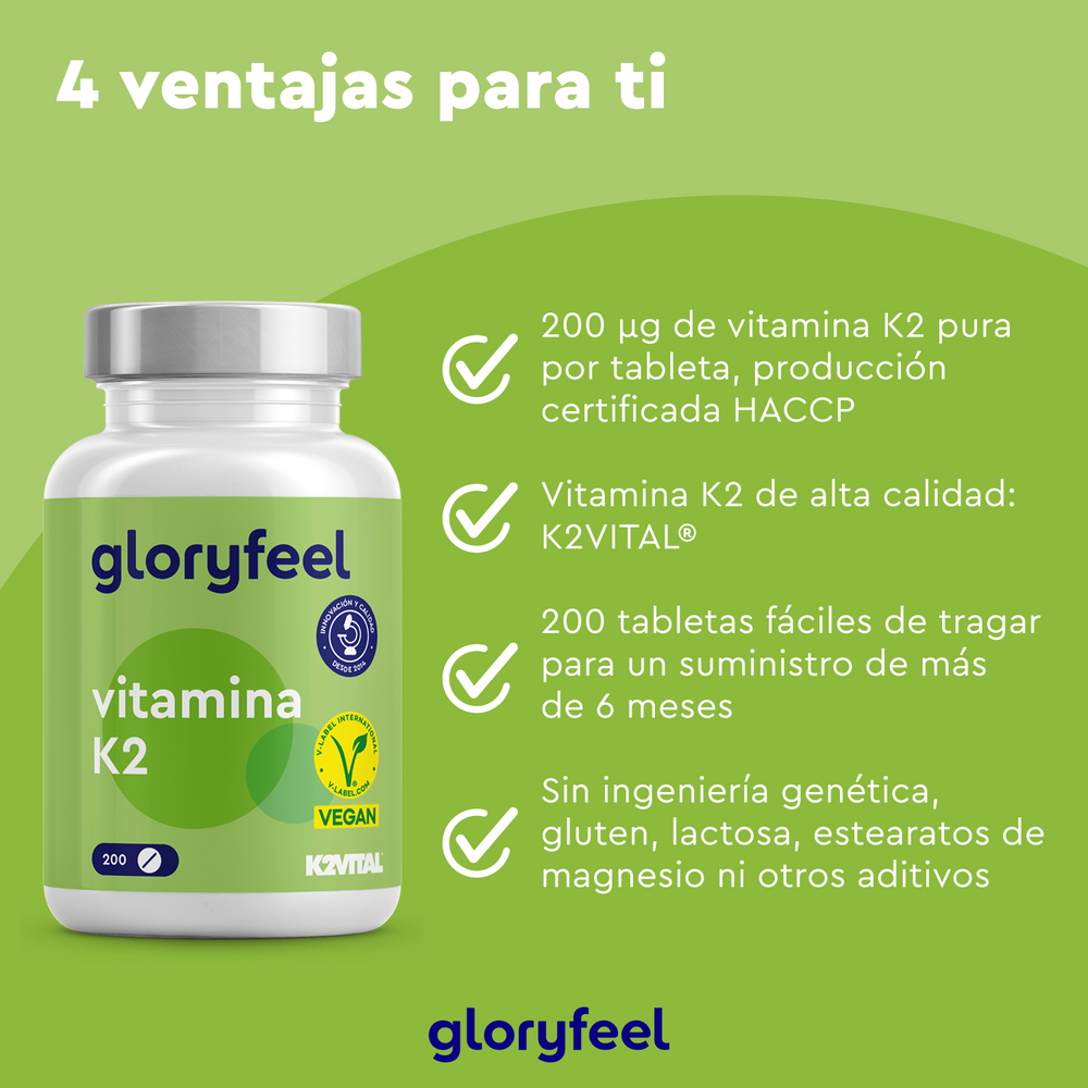 Las tabletas de vitamina K2 de gloryfeel GmbH ofrecen pureza, alta calidad y son fáciles de tragar, sin ingeniería genética, gluten, lactosa ni aditivos. Con Menaquinona K2VITAL, son veganas y cuentan con certificación HACCP para su tranquilidad.