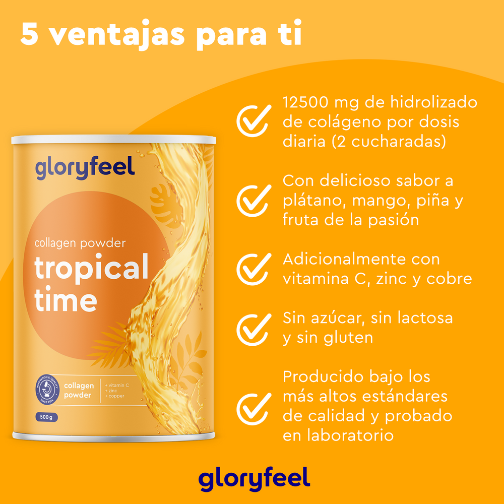 Póster amarillo de GloryFeel GmbH España: &quot;Colágeno en polvo 500 g - Tiempo tropical&quot;. Enriquecido con 12500 mg de colágeno hidrolizado, con un sabor intenso a frutas tropicales y vitamina C añadida. Cumple con altos estándares de calidad y no contiene azúcar ni gluten, ideal para un estilo de vida dinámico.