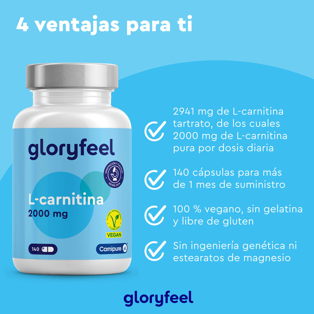 L-Carnitina 2000 mg de GloryFeel GmbH ofrece 2941 mg de L-carnitina Carnipure premium, vegana y sin gluten, sin ingeniería genética ni estearatos de magnesio para un bienestar óptimo.