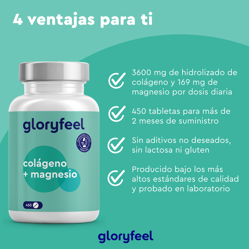 La imagen muestra una botella de suplemento con la etiqueta &quot;GloryFeel GmbH España: Colágeno con magnesio - 450 Tabletas&quot;, enfatizando los beneficios, la dosis y los estándares de calidad con colágeno hidrolizado sobre un fondo verde vibrante.