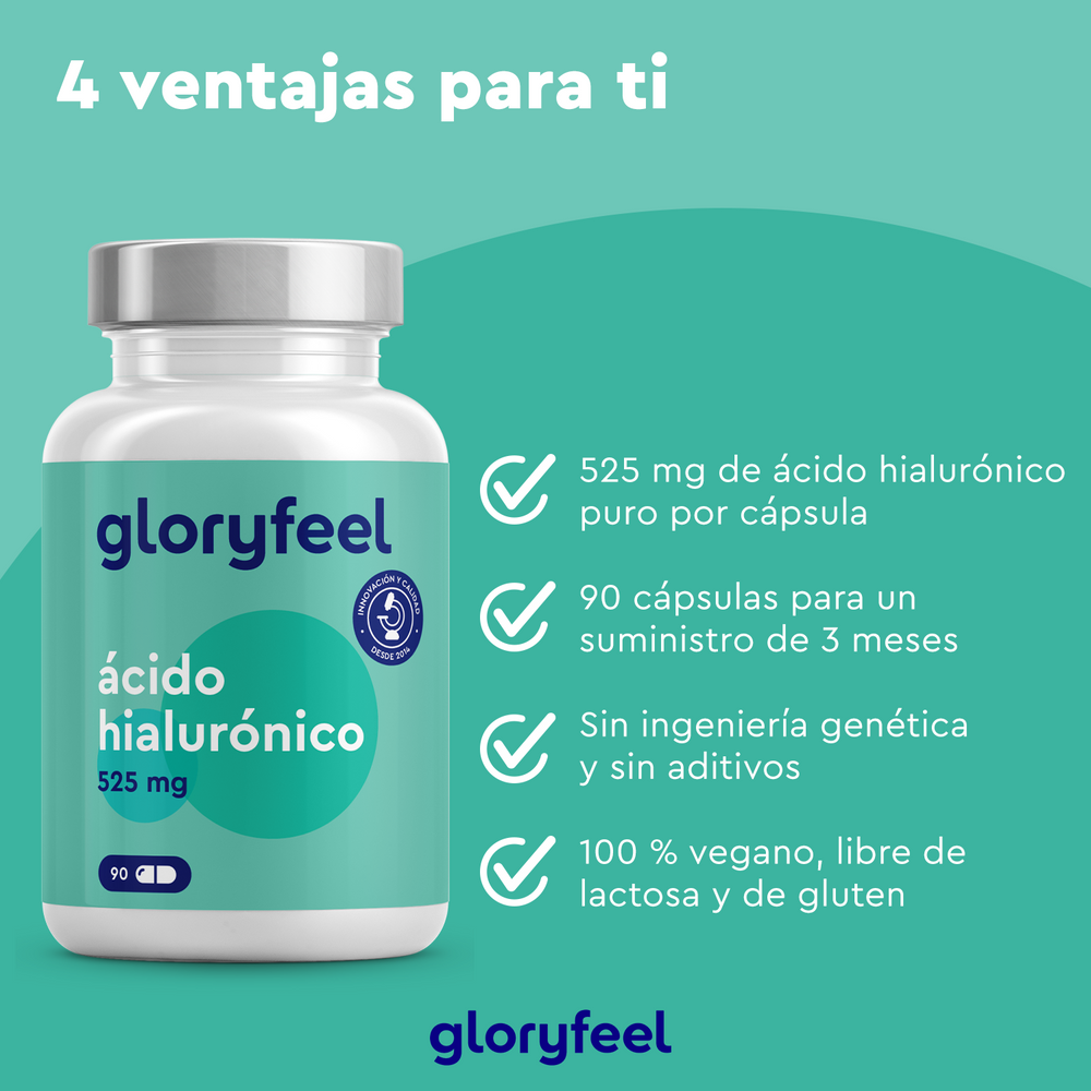 El &quot;Ácido hialurónico intensivo en cápsulas&quot; de GloryFeel GmbH España proporciona 525 mg por cápsula con 90 cápsulas, es vegano, sin lactosa, sin gluten, favorece una piel firme y unas articulaciones sanas y no contiene ingeniería genética.